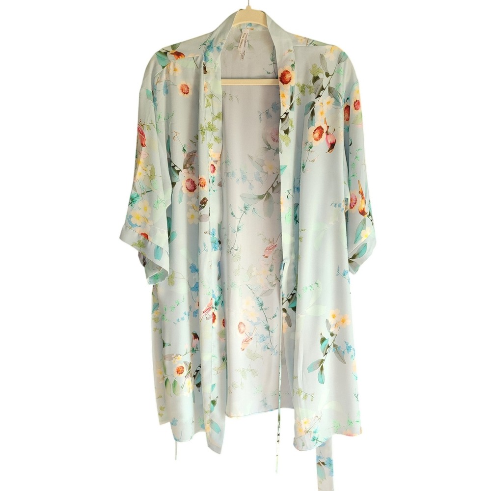 Flora Nikrooz Womens Kimono Robe Blue Floral Bird Print Belted, M